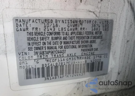 2019 Nissan Sentra S z USA, uszkodzony, nr VIN 3N1AB7AP9KY244437